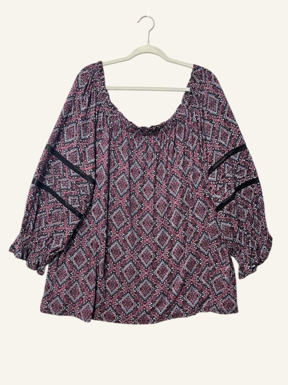 Lane Bryant Paisley Peasant Top Size 22/24 3X Blue Purple Scoop Neck Boho